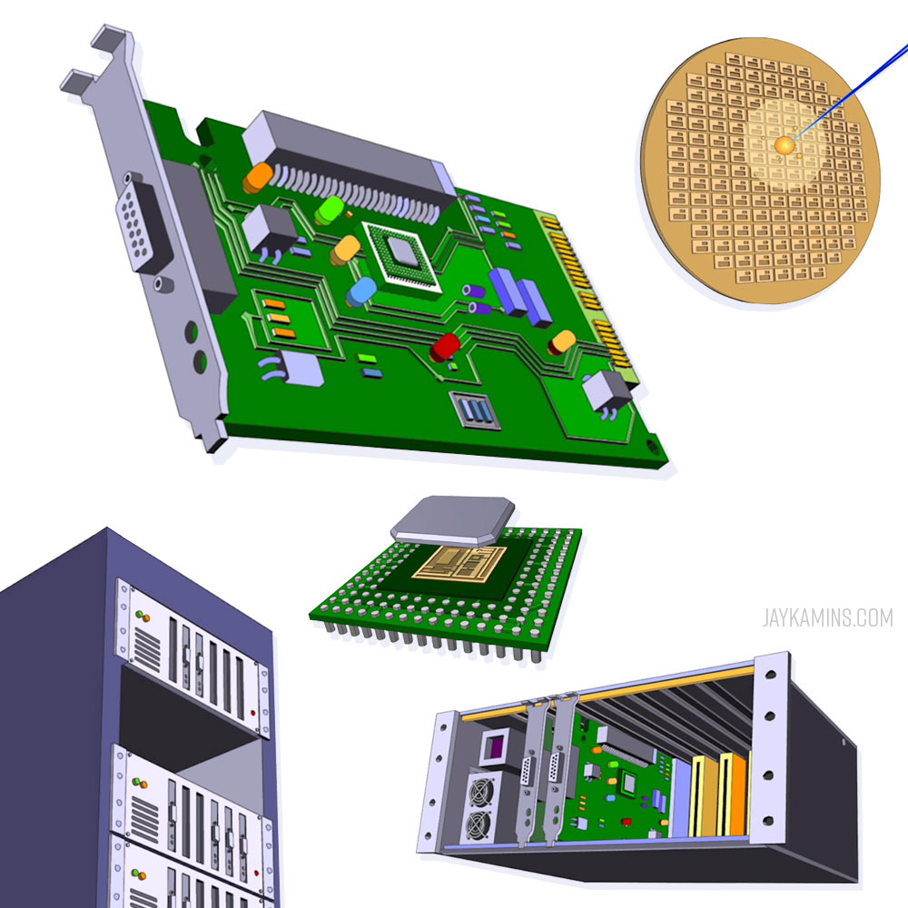 Illustrations showing technology at various stages of production